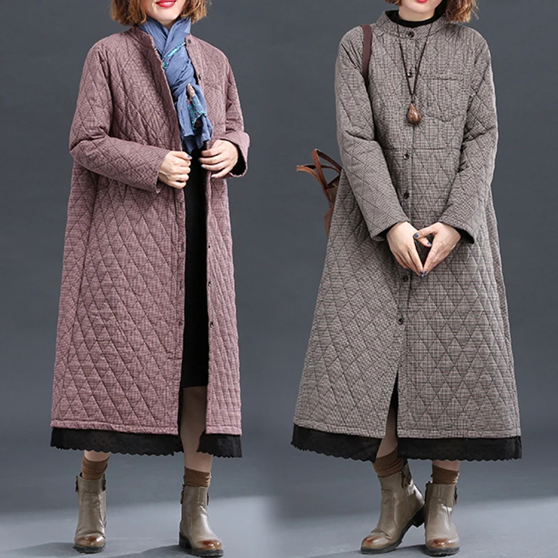 

Осенне-зимняя женская куртка с хлопковой подкладкой в стиле ретро с длинным рукавом и воротником-стойкой, облегающие длинные парки в клетку...