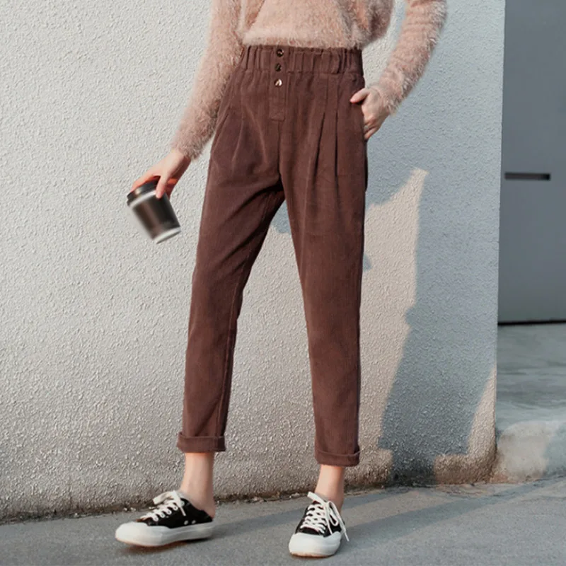 

Corduroy Women's Pants ELastic Waist Harem Korean Trendy Warm Woman Trousers 2021 Autumn Winter Casual Drape Carrot Ladies Pants