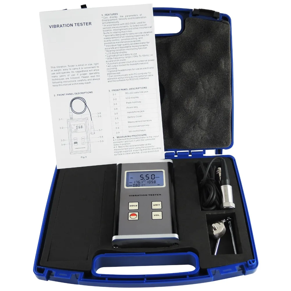 

Displacement Velo city Acceleration 10Hz~10kHz Range Tester Digital Vibration Meter Piezoelectric Transducer Sensor