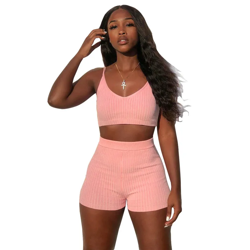 Женский Повседневный трикотажный топ на бретелях и шорты спортивный костюм из