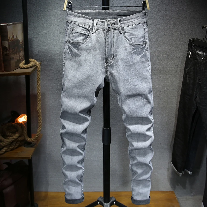 

Summer Plus Size 44 42 Men's Jeans Thin Section Fashion Slim Stretch Cotton Denim Smoky Gray Casual Straight-leg Trousers