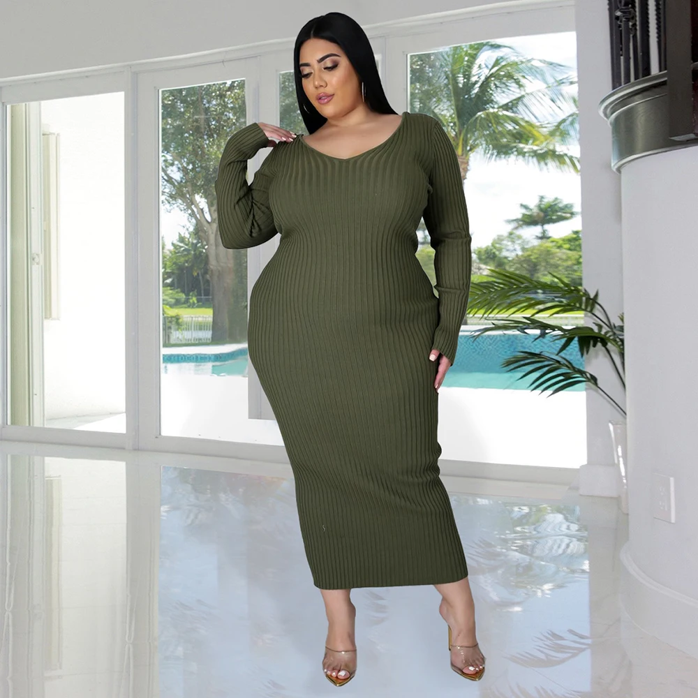 

ZJFZML ZZ Women Clothing Dresses Plus Size Solid Deep V Neck Long Sleeve Ribbed Knitted Mid Calf Dress Dropshipping Wholesale