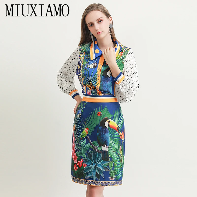 

MIUXIMAO Best Quality 2019 Office Lady Fall Twinset Elegant Long Sleeve Top Luxury Flower Parrot Print Suits Women Vestido