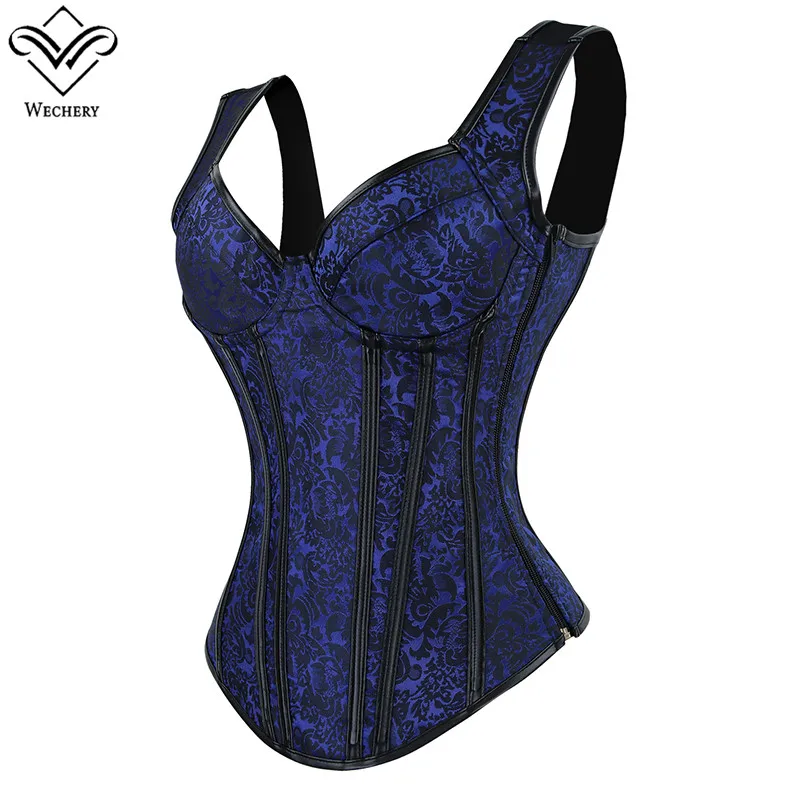 Wechery Overbust Blue Corset Top Women Bustier Party Clothing V Neck Bodice Steampunk Corselet Black Gothic Costumes Plus Size
