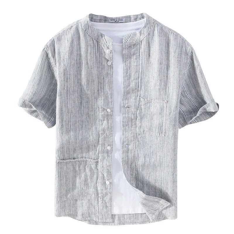 

2021 Men's New Linen Yarn-Dyed Striped Shirt Casual Youth Stand Collar Short Sleeve Summer Linen Shirt