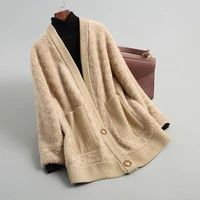 women cashmere wool coat winter warm v neck long sleeves pockets real sheep fur overcoats short casual korean female jackets