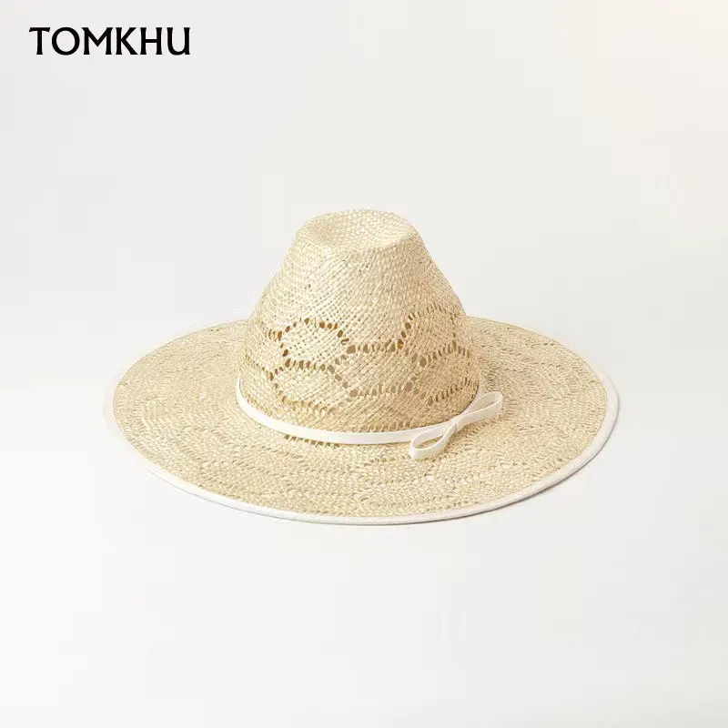 European American New Hollow Handmade Edging Bowknot Wide Brim Sisal Straw Hat High Quality Sunscreen Causal Sun Hat Customize