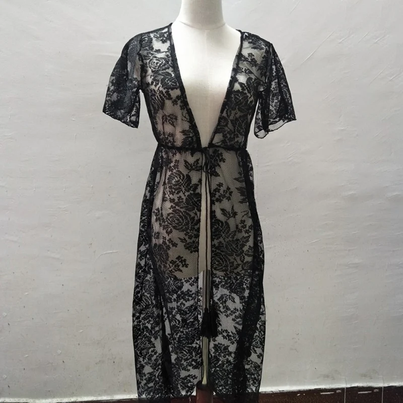 Женская черная белая накидка на бикини летнее пикантное кружевное кимоно в стиле