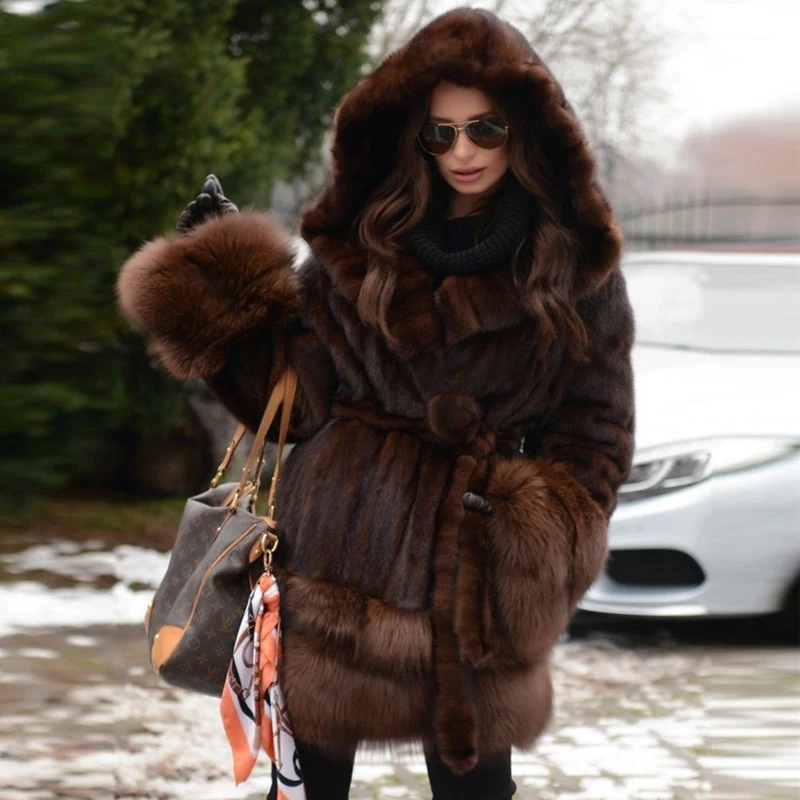 2022 Fashion Hooded Women Real Mink Fur Jacket With Fox Fur Bottom And Cuff Winter Thick Warm Genuine Mink Fur Coats With Belt
