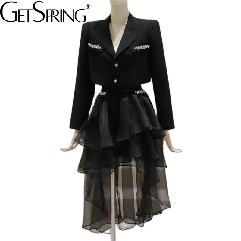 GetSpring Женский комплект из блейзера и юбки короткий черный женский костюм со