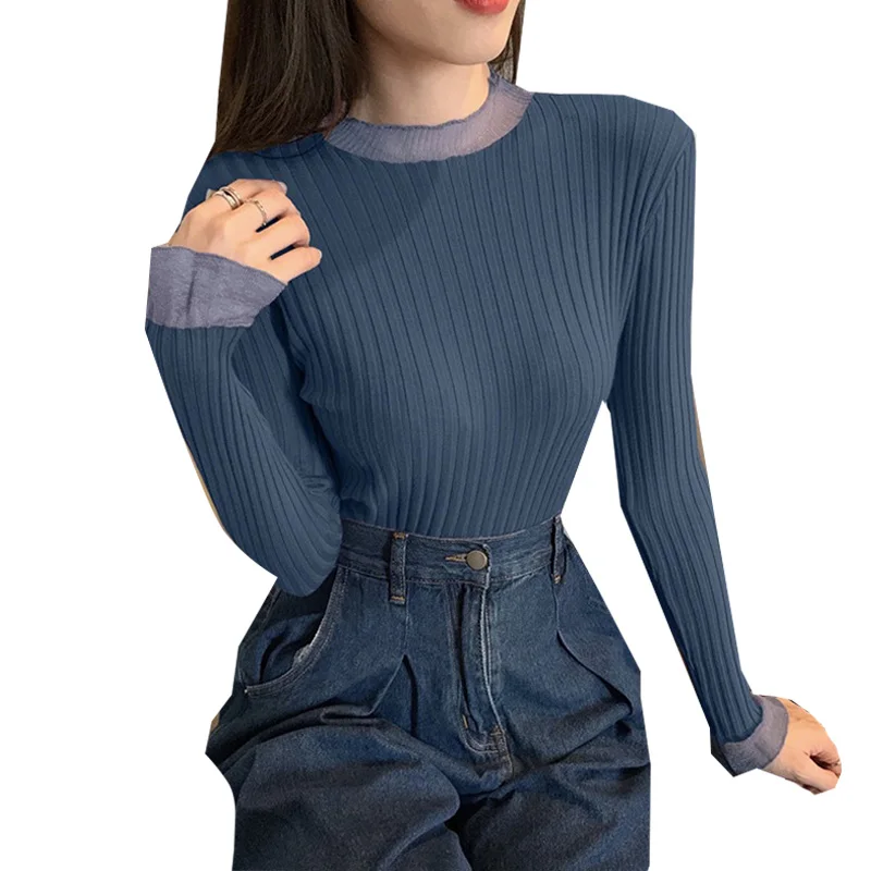 

2021 Autumn New Women's Bottoming Long Sleeve Half High Neck Sweater Solid Color Flare Sleeve Elegant Pullover Thin Top