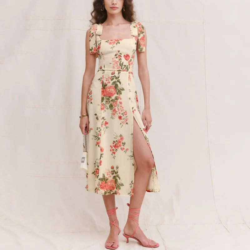 

Summer Vintage Party Dress V Neck Sleeveless Elegant Sexy Dress Beach Female Floral Print Midi Slit Dresses Vestidos