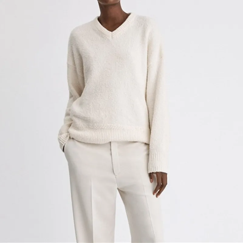 

Женский вязаный свитер с V-образным вырезом, Белый свободный Универсальный трикотажный джемпер с длинным рукавом, Женский Повседневный пул...
