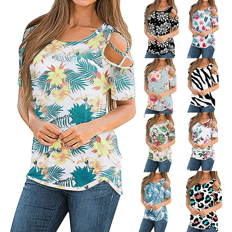 

Sexy hollow-out female short-sleeved top print T-shirt casual O collar pullover top graphic t shirts women sexy tops