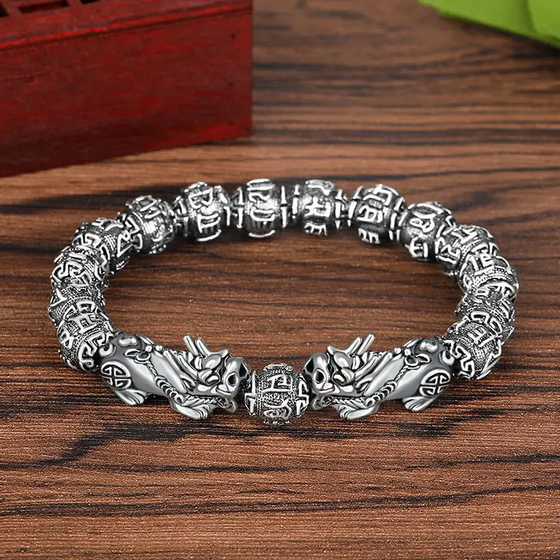 

Pixiu Bracelet Six-word Proverbs Vintage Silver Plated Pixiu Bracelet 999 Bracelet Domineering Black Agate Gift Jewelry