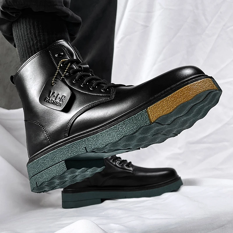 

New Men Boots Leather Shoes Male Solid Color Zip chelsea Boot Fashion Ankle Vintage Biker Boot Hombre Male Footwear Boot