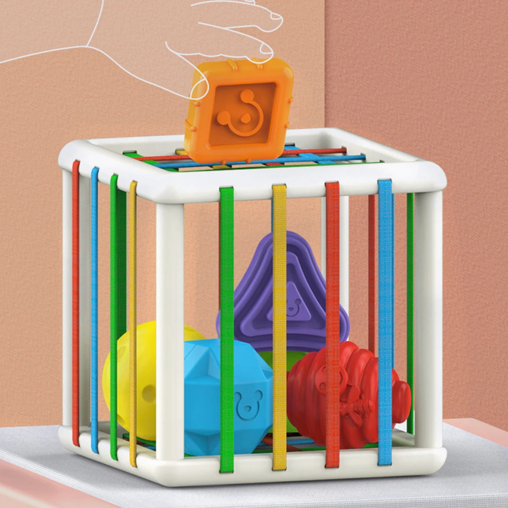 Baby Chunky Shape Blocks Cube Box Bin Toy With Elastic Bands Colorful Sorter Shapes Sorting Montessori Educational Toy For Kids
