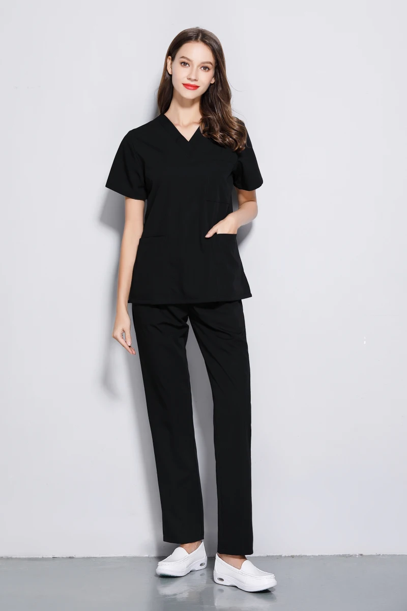 Women's Summer Black Workwear Women Short Sleeve Dental Clinic Uniforms Set Three Design Top and Long Pant Workingwear | Тематическая