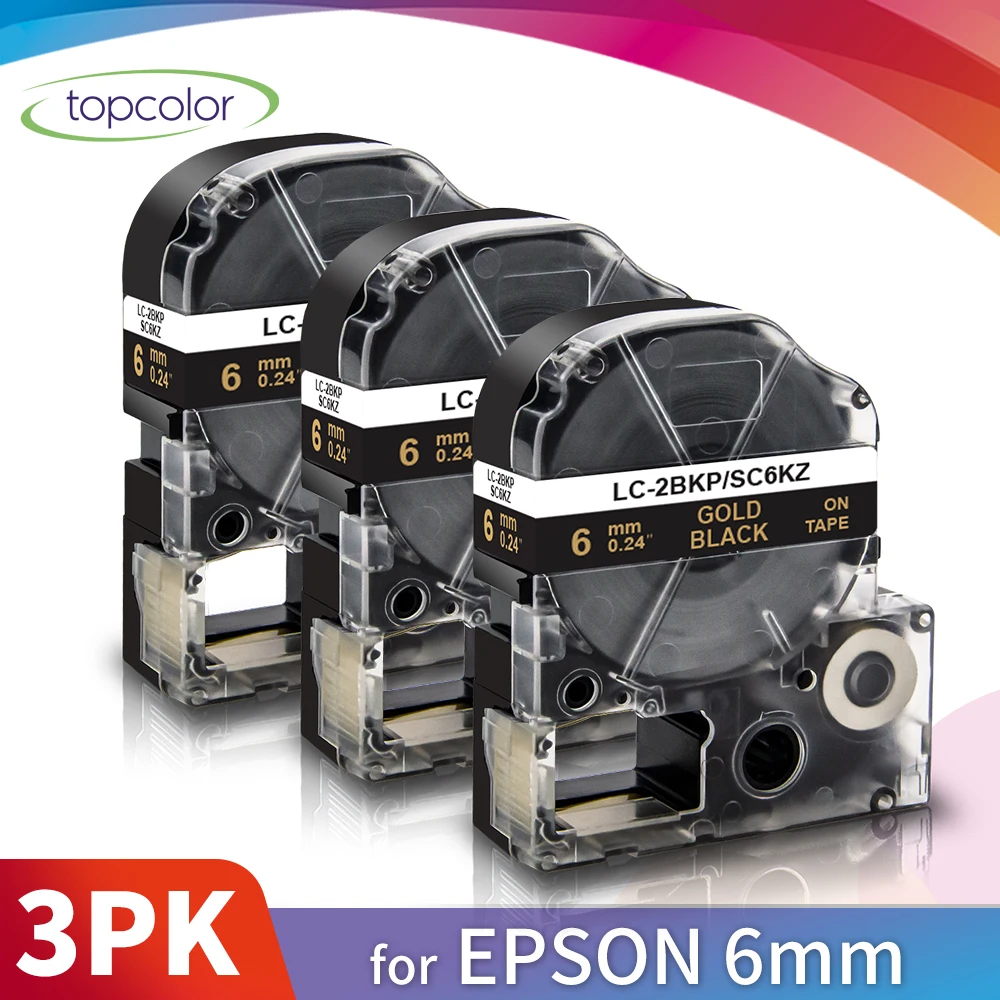 

Лента для этикеток Topcolor 3PK, 6 мм * 8 м, 1/4 дюйма, совместимая с Epson, устройство для этикеток, золотая на черной Клейкой Ленте SC6KZ для машинки KingJim ...