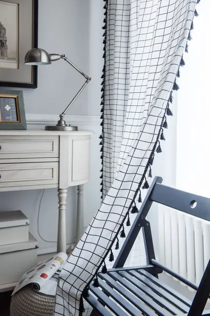 Yingya Pastoral Semi-shading Curtain Cotton Linen Room Curtain Black Tassel Kitchen Bedroom Curtain Solid Color Simple Curtain