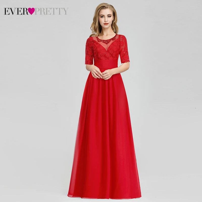 Элегантные красные вечерние платья Ever Pretty трапециевидной формы с круглым вырезом и рукавом средней длины, недорогие шифоновые вечерние платья Robe De Soiree