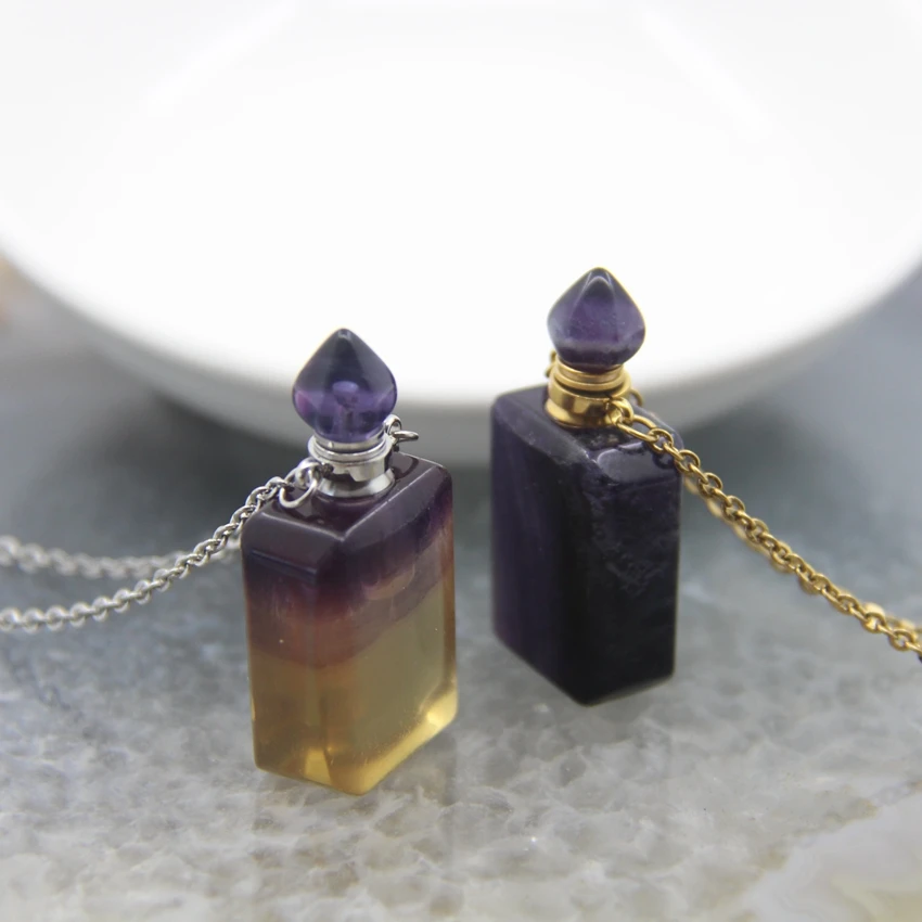 Rainbow Fluorite Rectangle Perfume Bottle Pendants Necklace,Golded/Silvery Chains,Natural Quartz Essential Oil Diffuser Vial
