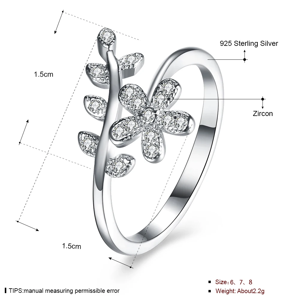 SILVERHOO 925 Sterling Silver Rings For Women Flower Branch Clear Cubic Zirconia Finger Ring Cute Wedding Engagement Jewelry