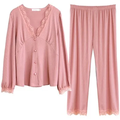

Sexy Lace Pajamas Women Spring And Autumn Sleepwear Pure Cotton Thin V-neck Nightwear White Home Suit Female Mujer Pyjamas