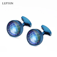 hot globe earth cufflinks blue color lepton stainless steel rotatable globe planet earth world map cuff links for mens with box