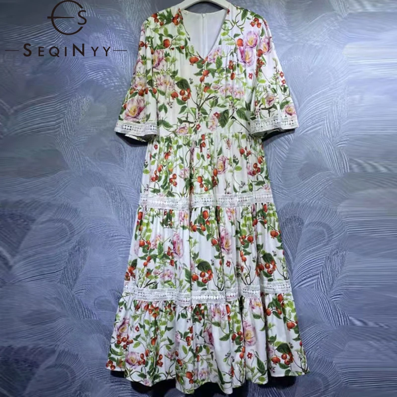 

Женское Повседневное платье-миди SEQINYY, модельное кружевное платье с винтажным принтом фруктов и цветов, весна-лето