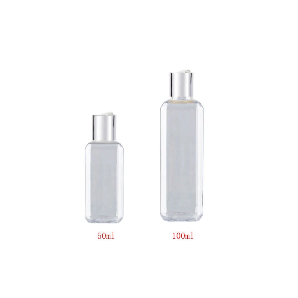 

50ml /100ML Small Square Empty Cosmetic Lotion Plastic Bottles , Shower Gel PET Silver Disc Top 50CC Essential Oil Bottles