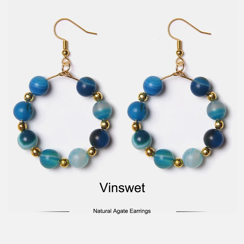 Женские большие круглые серьги-подвески с бусинами из натурального камня Агаты