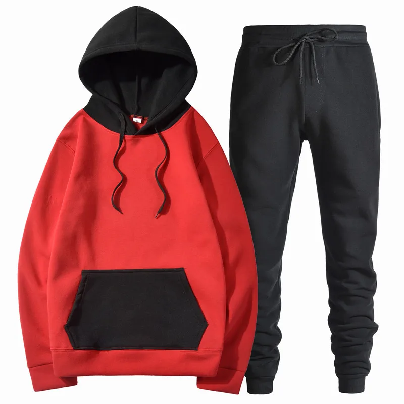 

Solid color Harajuku style men's stitching sweater trousers suit contrast color pullover European and American casual hoodies