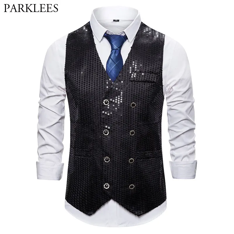Модный Роскошный мужской жилет с пайетками Приталенный двойной грудью для