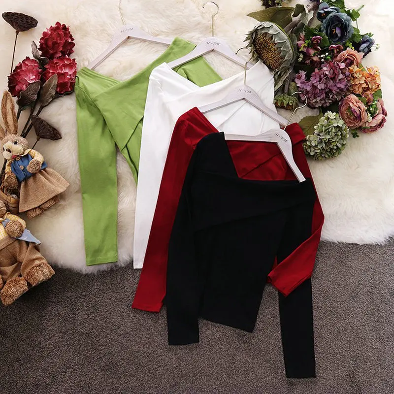 2019 осень зима новый шик женский Глубокий v образный вырез длинный рукав хлопок