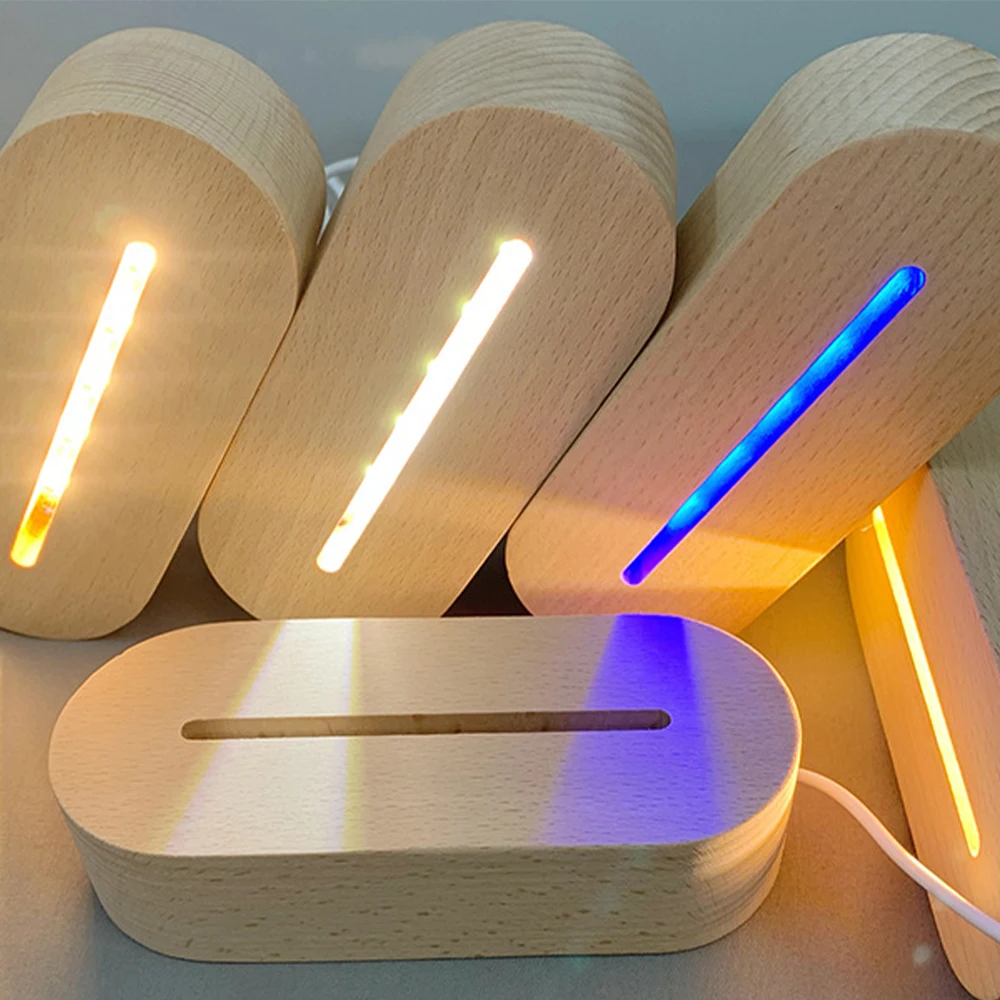 

LED Indicator Light Solid Wood Acrylic 3D Lamp Base Wooden Small Night Light Base Creative DIY Beech Wood White Warm Light