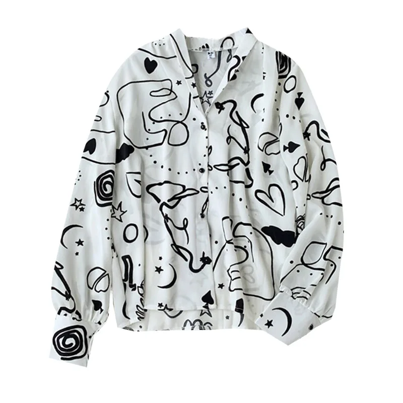 

Blouse Women Spring Autumn Korean Style BF Stitching Color Graffiti Print Blouse Shirt V-neck Long-sleeved Blusas 5A023