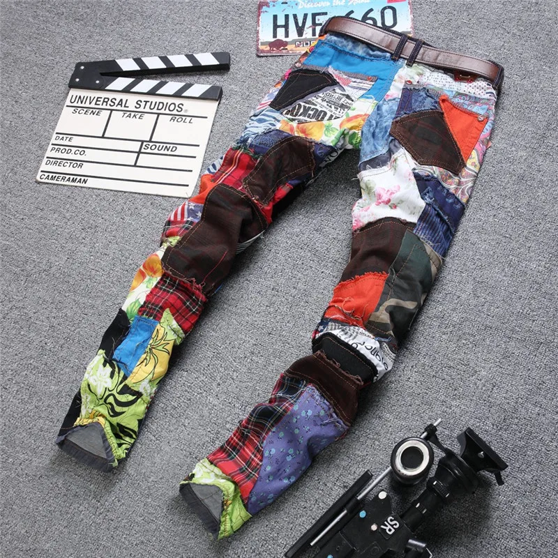 Colorful Spliced Jeans Men Denim Pant Patch Fashion Slim Fit Designer Jeans Casual Show Denim Joggers Macacao Masculino Jeans
