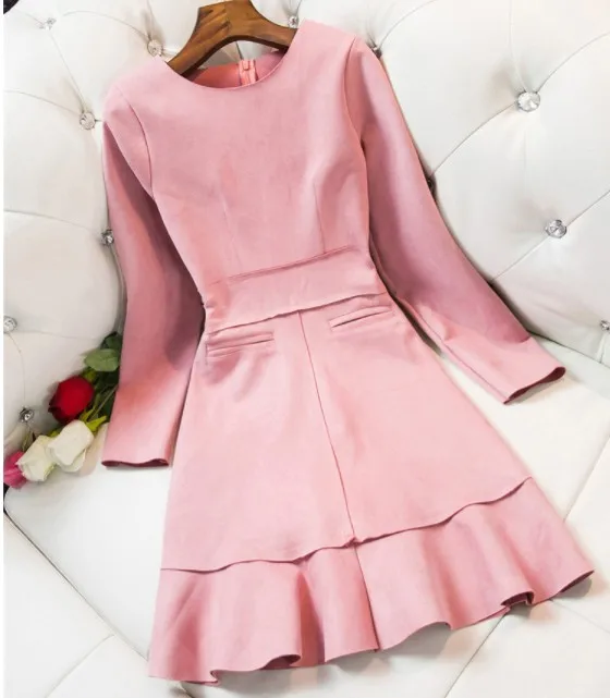 Зимнее женское Замшевое платье Осеннее розовое с длинным рукавом 2020 офисное для