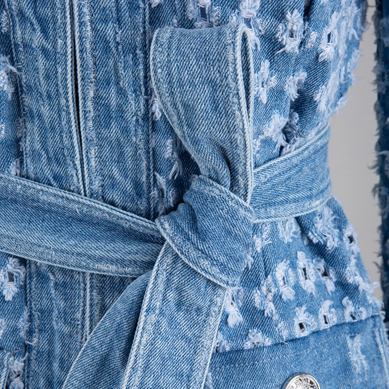 

Vintage Blue Denim Jacket With Belt Waisted Ripped Hole Women Coat Autumn Long Sleeve Pockets Streetwear New