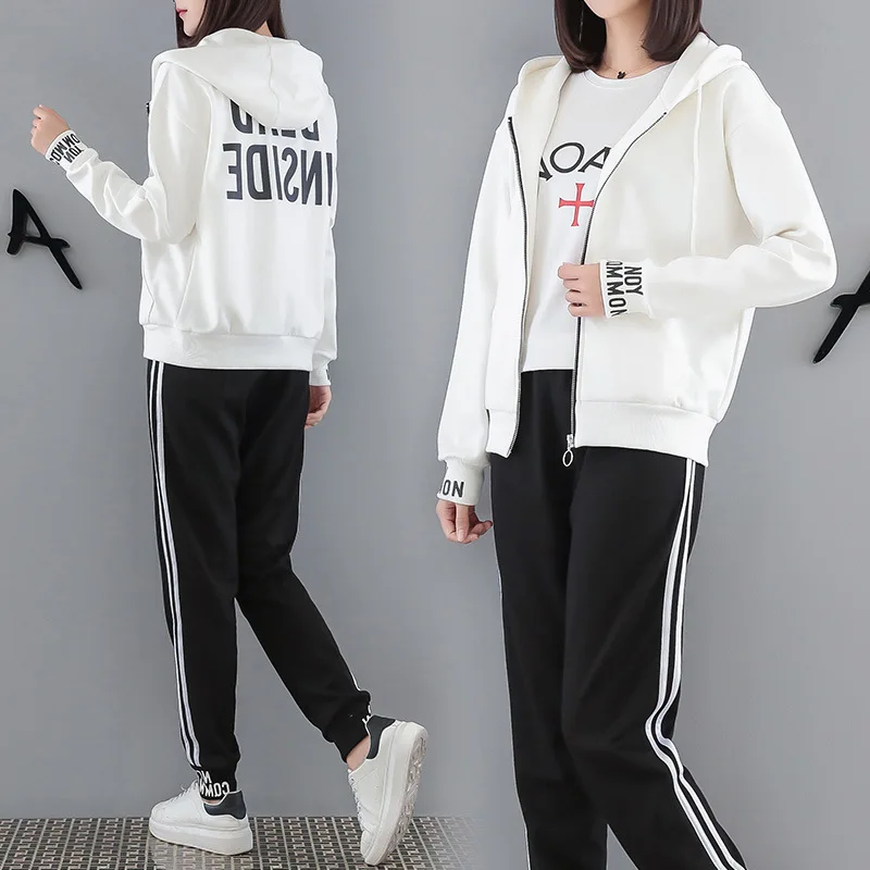 Женский костюм-двойка с капюшоном черно-белый кардиган длинными рукавами и брюки