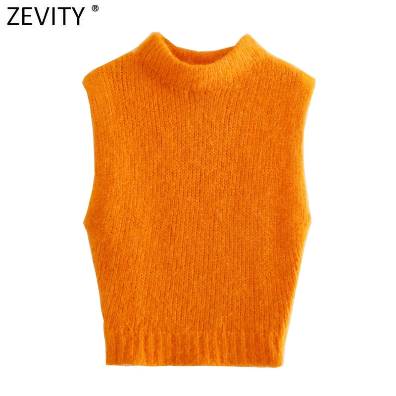 

Zevity Women Sweet Stand Collar Sleeveless Orange Knitting Vest Sweater Female Chic Soft Touch Pullovers Waistcoat Tops SW985
