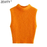 zevity women sweet stand collar sleeveless orange knitting vest sweater female chic soft touch pullovers waistcoat tops sw985