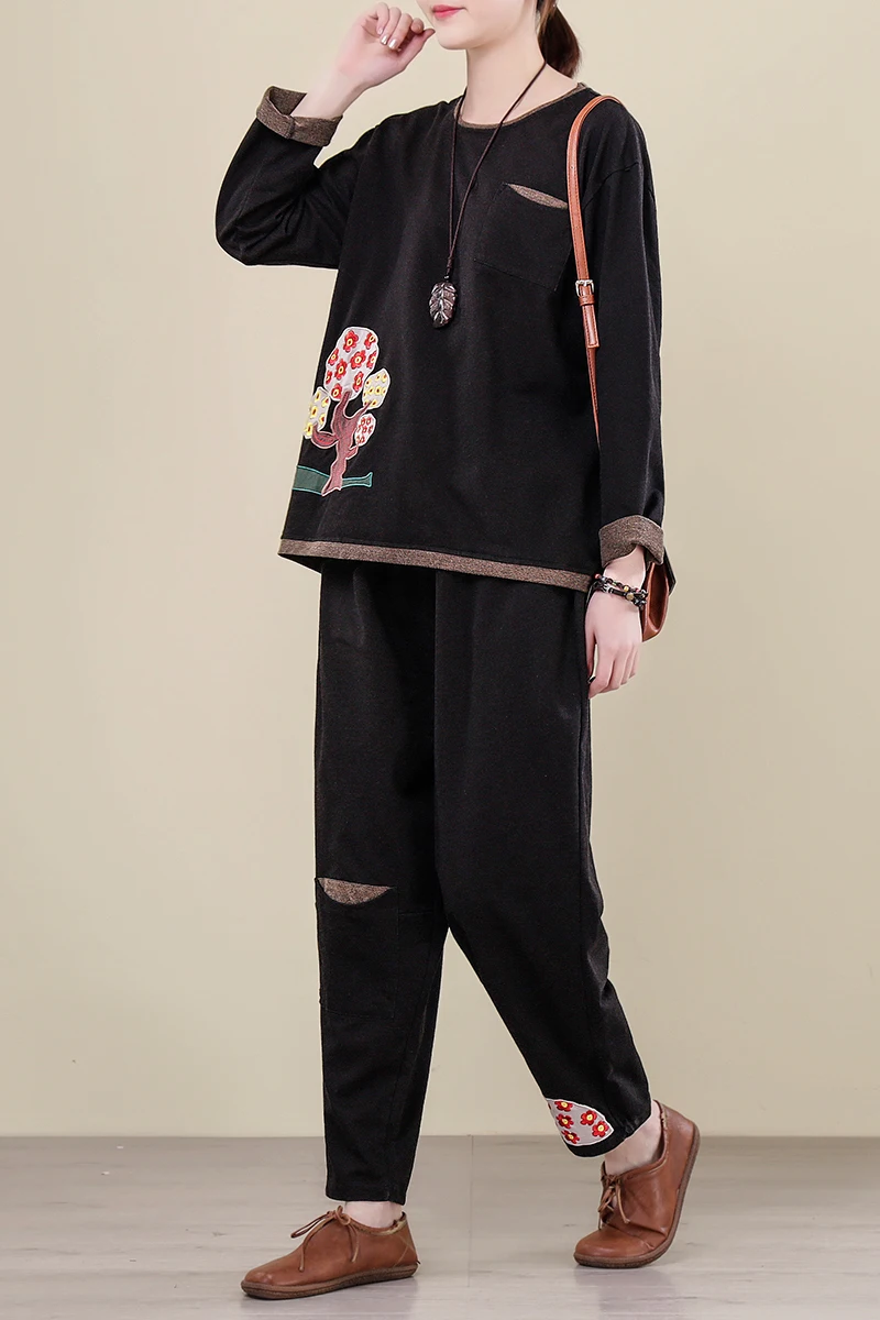 

2021 Spring Large Size 2 Piece Sets Womens Outfits Loose Solid Color Embroidery Casual Suit For Tracksuit O Neck Tees And Pants