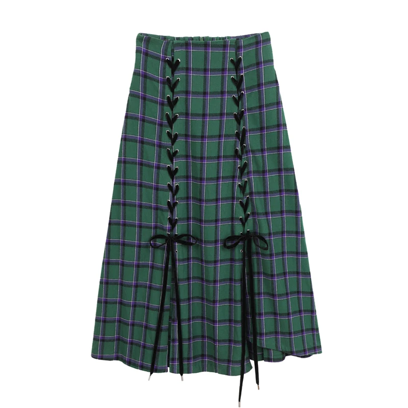

Skirt Women Fashion Tide New Spring Autumn High Waist Green Plaid Vent Bandage Temperament Long Half-body