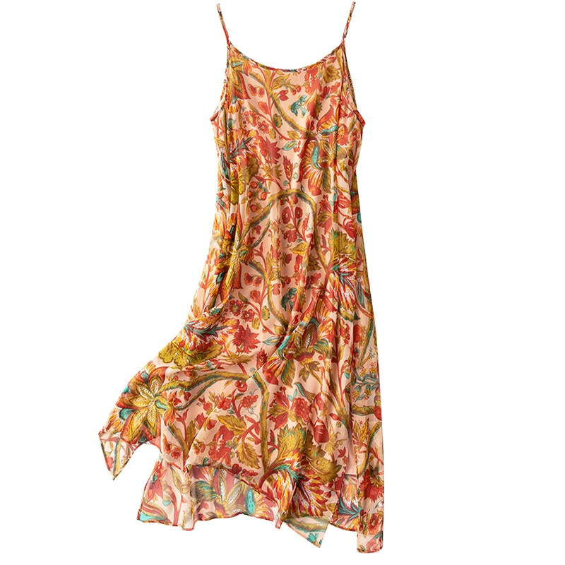 

Women's 100% Silk luxury Fashion Heavy sun-top Long Dress Elegant vine flowers Prints One Size L1140