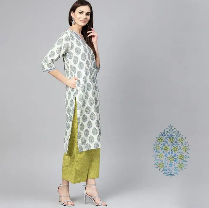 Женские Модные Этнические стили наборы печати хлопок Индия Kurtas платье леди три четверти рукав топ брюки шарф