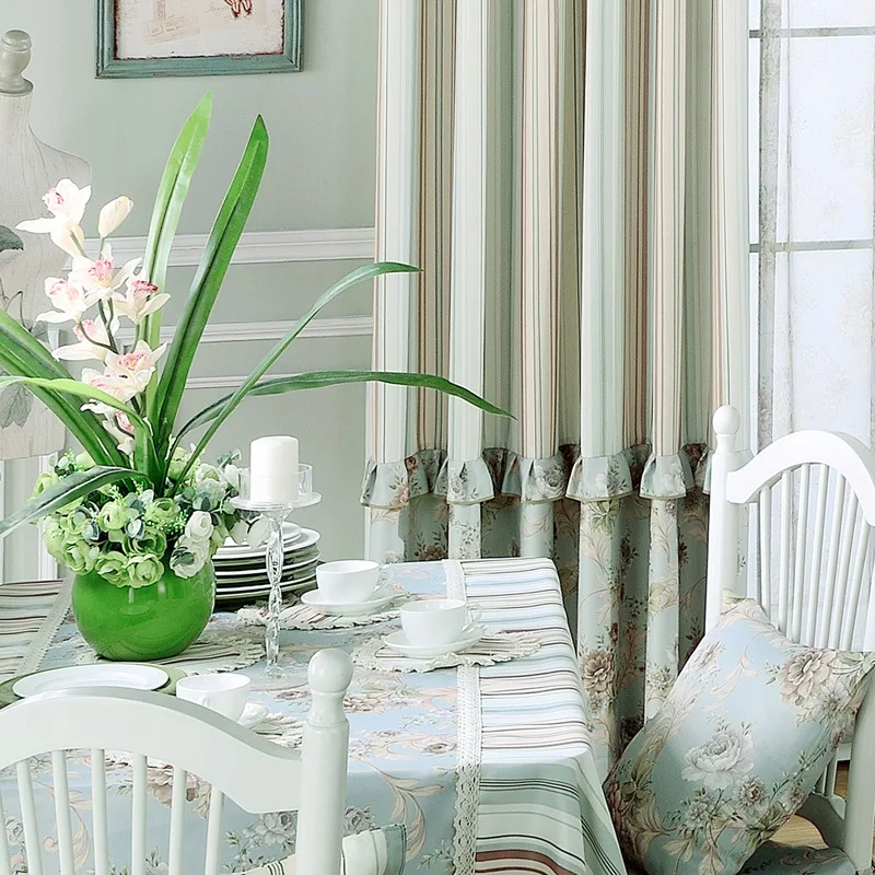 

Korean Pastoral Stripe Splicing White Silk Semi-shading Curtains for Living Dining Room Bedroom.