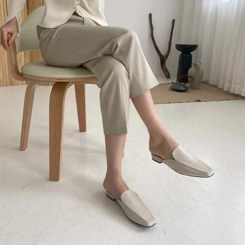 

Bailamos Women Mules Slipper High Quality Soft Leather Square Toe Slipper Slip On Outdoor Sandal Causal Flat Heel Work Slides