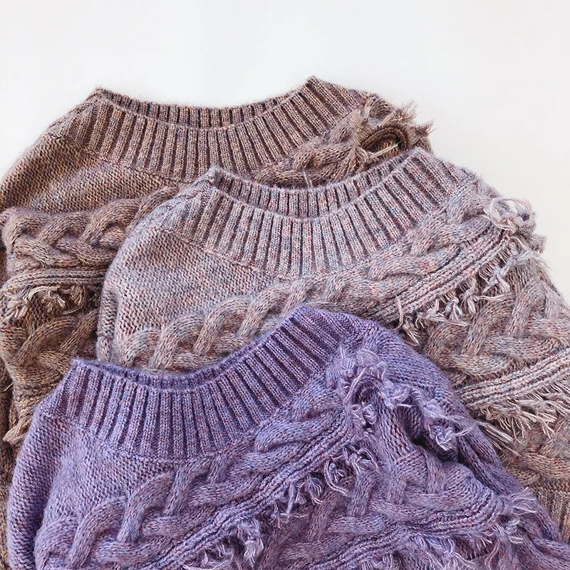 

New Trendy Knitwear Fashion Lady Japenese Style Tassels Long Sleeve Three Colors Sloping Off Shoulder Pullover Women Sweater